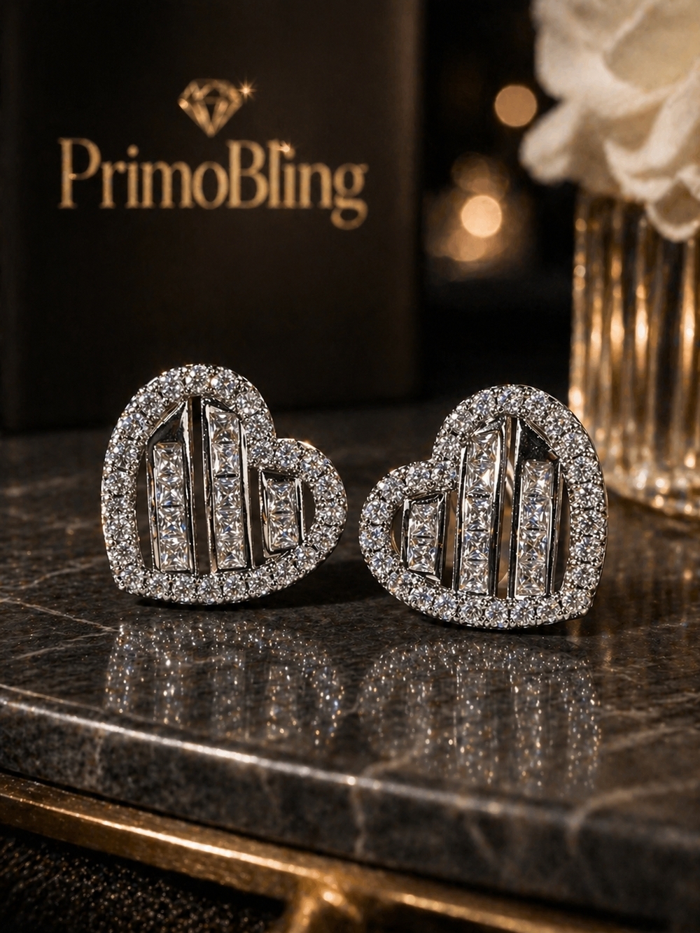 Silver Heart Halo Baguette Pavé Stud Earrings